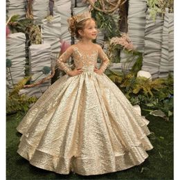 Золотая цветочная девушка платье принцесса иллюзия рукав с пуговицами лука
