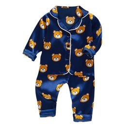 Pajamas Preschool Silk Satin Pajama Set Baby Pajama Set Baby Pajama Set Boys and Girls Sleep Two Piece Set Autumn Childrens Lounge Set d240515