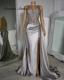 Party Dresses Silver Bbeaded Spaghetti High Split Prom For Black Girls Mermaid Elegant Dress Wedding Formal Gowns Satin Arabic