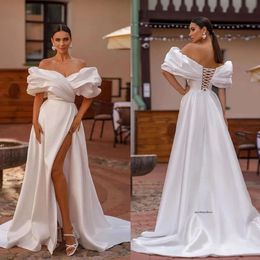 Elegant Satin Dress For Bride Puffy Off The Shoulder A Line Wedding Dresses Bridal Gowns High Split Lace Up Back Country Robe Mariage 0515