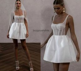 Vintage Short A Line Wedding Dress 2024 Spaghetti Pearls Top Satin Bone Bodice Bridal Party Gowns Vestido De Novia Robe De Mariage