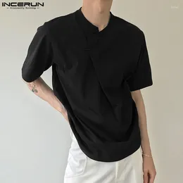 Men's T Shirts INCERUN Men Shirt Solid Short Sleeve Pleated Loose Korean Style Clothing Streetwear Summer 2024 Stylish Tee Tops S-5XL