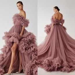 2022 High Low Prom Party Dresses Fluffy Ruffled Tulle Off the Shoulder Formal Evening Gowns Strapless Photo Shoot Photography Dress 277m