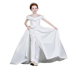 2022 Satin Jumpsuit Dresses Pageant For Special Occasion Cold Shoulder Pleated Pocket Pantsuit Flower Girl Dress Wedding 286a