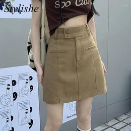 Skirts Mini Denim Skirt Y2K Khaki High Waist A Line Green Woemn Summer 2024 Korean Style Solid Slit Bodycon Girls Chic