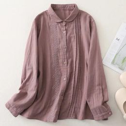 Women's Blouses Johnature 2024 Woman Spring Embroidery Cotton Linen Solid Color Splicing Shirt Single Breasted Long Sleeves Vintage
