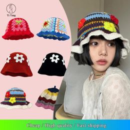 63colors Korean Handmade Bucket Hat Autumn Hat Womens Knitted Hat Y2k Fashion Flowers Winter Beanies Fishermans Hat 240509