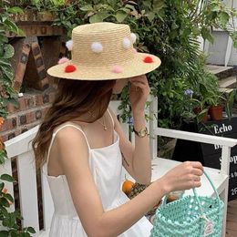 Wide Brim Hats Summer Korean Fashion Colourful Mink Ball Flat Top Straw Hat Boho Beach Cap Fadora Woman Sombrero Mujer Playa
