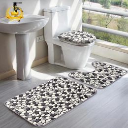 Bath Mats 3Pcs/Set Non-Slip Bathroom Cobble Stone Pattern Carpet Toilet Lid Cover Mat Kits
