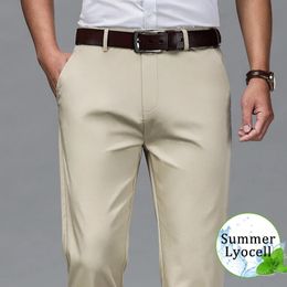 Spring Summer Thin Lyocell Pants Men Straight Business Casual Fashion High Waist Comfortable Loose Cotton Trousers 240515