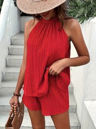women 2024 Fashion Casual Suit Hot Solid Colour sleeveless crew neck shirt top elastic shorts two-piece suit clothes