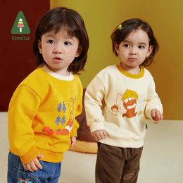 Pullover Amila Baby 2023 Autumn New New Netlace Printed Warm Yunroou Cotton Hoodie Boys and Girls Fashion Childrens Clothingl240502