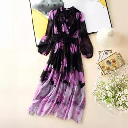 Casual Dresses Birdsky 1PC Women Long Dress Ruffles V Neck String Waist Real Mulberry Silk Crepe De Chine Purple Flower S-859