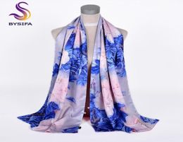 Scarves BYSIFA Chinese Style Blue Pink Peony Silk Shawl Scarf Female Elegant Long Shawls Wraps Fall Winter Warm Thick 17550cm9071951