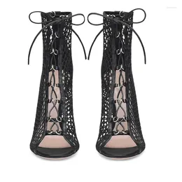 Sandals Black Mesh Boots Cross-tied Metal Decoration Women Shoes Sexy Ventilate Thin High Heels Peep Toe Sandalias