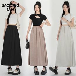 Skirts GAODINGLAN Summer Luxury Satin Pattern Women Long Skirt Solid Color Temperament A Line Elastic High Waist Korean
