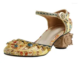 Sandals Retro Luxury Women Summer Round Toe Satin Crystal Crude Heel Female Footwear Party Wedding Embroider Ethnic Femme Shoes