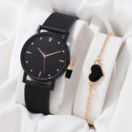 Wristwatches 2PCS Set Black Luxury Rhinestone Watches Women Crystal Quartz Bracelet Wristwatch Ladies Dress Clock Relogio