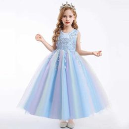 Girl's Dresses 4-14 year old girls party dress sleeveless mesh embroidery Festival Party communion Party Princess Dress Sequin long dress Y240514
