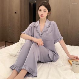 Home Clothing Two Pieces Pajamas Sleep Set Women Satin Short Sleeve Shirt Trousers Summer Sleepwear Nightgown Loungewear