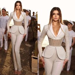 Elegant Ivory Jumpsuits Evening Dresses V Neck Long Sleeves Beads Formal Party Prom Pants Jumpsuit For Special Ocn 0515