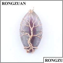 Pendant Necklaces Pendant Necklaces Natural Gemstone Tree Of Life Pendants Rose Gold Copper Wire Wrap Marquise Shape Stone Beads Jewel Dh5Yx