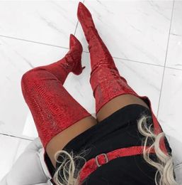 Boots Sestito Fashion Women Sexy Red Snakeskin Print High Heels Thigh Ladies Pointed Toe Waist Girls Zip Shoes