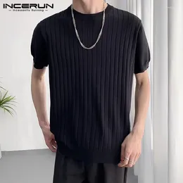 Men's T Shirts INCERUN Tops 2024 Korean Style Mens Pit Stripe Knitted Stritching T-shirts Fashion Streetwear Solid Short Sleeved Camiseta