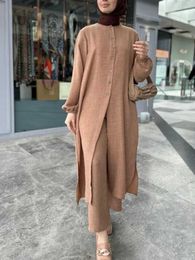 Ethnic Clothing Muslim Dress for Women Blouse 2 Piece Set Long Slve Abaya Shirt Wide Leg Pant Suits Arabic Dubai Dresses Musulman Ensembles T240515