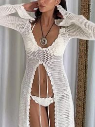 Women Crochet Tunic Beach Cover Up Sexy Front Slit Tie Waist Bikini Bathing Suit Long Sleeve Knit Top Ups