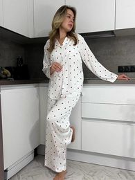 Home Clothing Hiloc Elegant Print Satin Long Pants Sleepwear Women Sleeve Loose Shirts Pyjama White Ealstic Waist Night Wears Female 2024