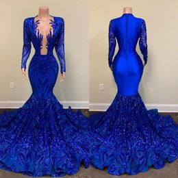 2022 Royal Blue Mermaid Prom Dresses Sparkly Lace Sequins Long Sleeves Black Girls African Celebrity Evening Gown 262r