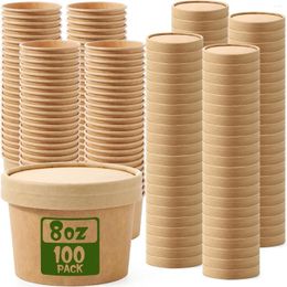 Disposable Cups Straws 100 Pack Paper Soup Container With Lid Food Kraft Ice Cream Bowl Cup