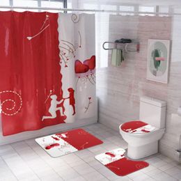 Bath Mats 4Pcs/set Bathroom Mat Set Valentine's Day Rose Petals Shower Curtain Non-slip Floor Washable Toilet Rug