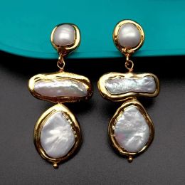 Earrings Freshwater Cultured White Biwa Pearl Coin Pearl Gold plated Earrings