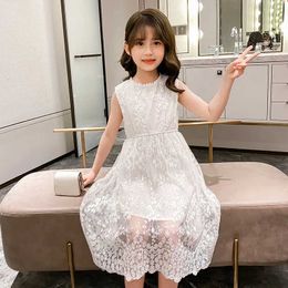 Girl's Dresses 2023 Summer Youth and Childrens Girls Clothing Flower Net Princess White Dress ShoULder Sleeveless 5 -12 Years Old d240515