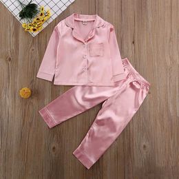 Pajamas Fashion baby girl satin autumn and winter pajama set with solid color long sleeved button top and pants 2PCS set d240515