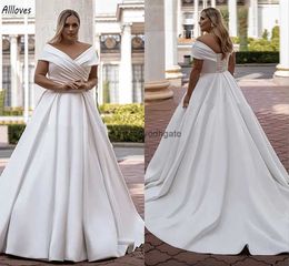 V Neck Off Shoulder A Line Wedding Dresses Simple White Satin Elegant Bridal Gowns Boho Garden Plus Size Vestidos De Novia Sweep Train Lace-up Back Bride Robes