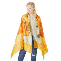 Spring Silk Scarves for Women Digital Print Sunflower Shawls Foulard Femme Luxury Designer Wraps Van Gogh Oil Paint Hijab Scarf 240515