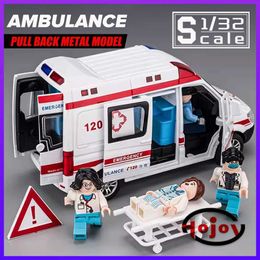 Diecast Model Cars Metal car toy scale 1/32 die cast alloy ambulance model suitable for pulling back the sound and light of childrens toy cars