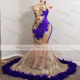 Sparkly Purple Mermaid Evening Dress High Neck Feather Beads Sexy Luxury Prom Gowns African Women Formal Party Gowns 219B