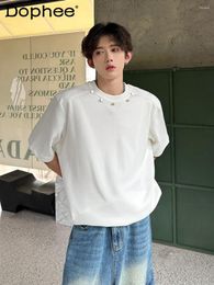 Men's T Shirts 2024 Summer Padded Shoulder Fashion High Street Tops Casual Short-Sleeve T-shirts High-End Trendy Male Solid Colour T-shirt