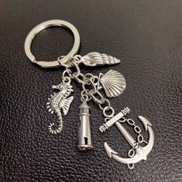 Keychains Lanyards 1pes creative pendant fish hook fishing keychain alloy compass and anchor lighthouse charm summer Jewellery gift Y240510