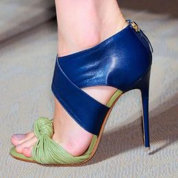 Summer Sexy Stripe Leather Patch Strappy Knot Peep toe Sandals Stiletto High-Heeled Zip Woman Cover Heels Party Dress Pump Shoes 240509