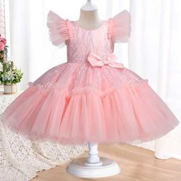 Girl's Dresses Girls Dress for Children New Summer Small Flying Sleeves Mesh Birthday Party Fluffy Cake Dress Clothes for Girls Aged 3-10 Y240514