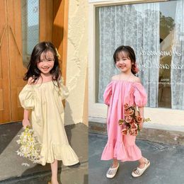 Girl's Dresses Girls summer camisole dress wearing childrens clothing one shoulder puff pajamas princess long Vestibus holiday beach dress d240515