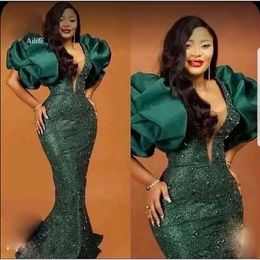 African Green Mermaid Evening Dresses With Puff Sleeves Beads Sequined Prom Gowns Plus Size Special Ocn Women Party Dress 0515