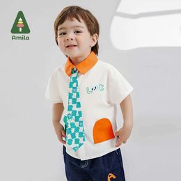 Kids Shirts Amila 2024 Summer New Boys Top with Contrasting Collar and Pocket Casual Tie Shirt Kids Clothing 0-6YL2405