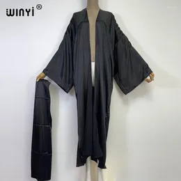 Pure Black Beach Outing Holiday Cover-Up Sweet Lady Boho Coat Self Belted Sexy Long Sleeve Kimono Kaftan