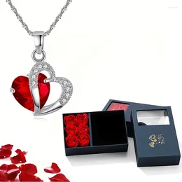 Gift Wrap Heart Zircon Necklace With 6 Roses Luxury Box For Girlfriend Lover Mom Mother Day 2024 Fashion Jewelry Set